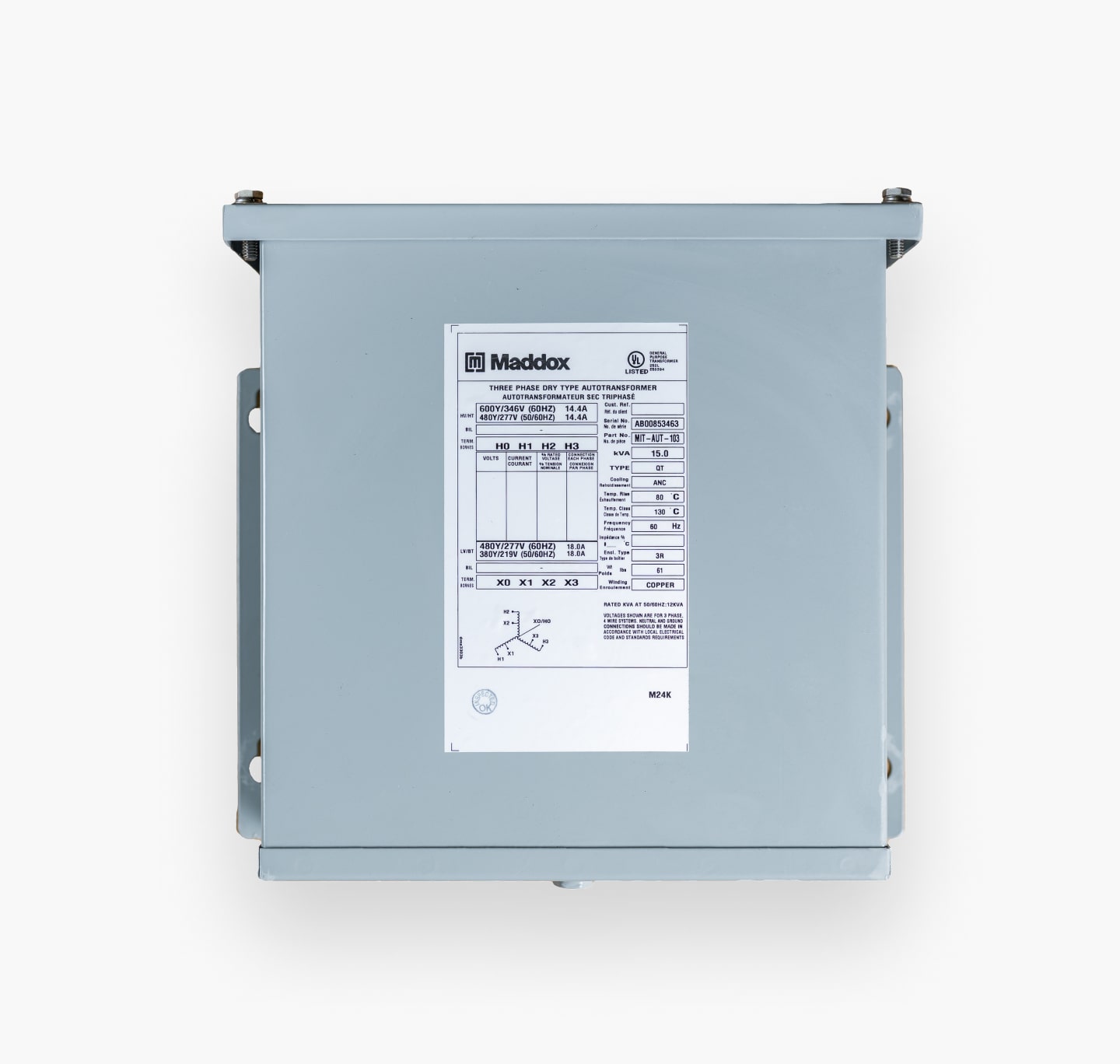 three phase auto transformer front view