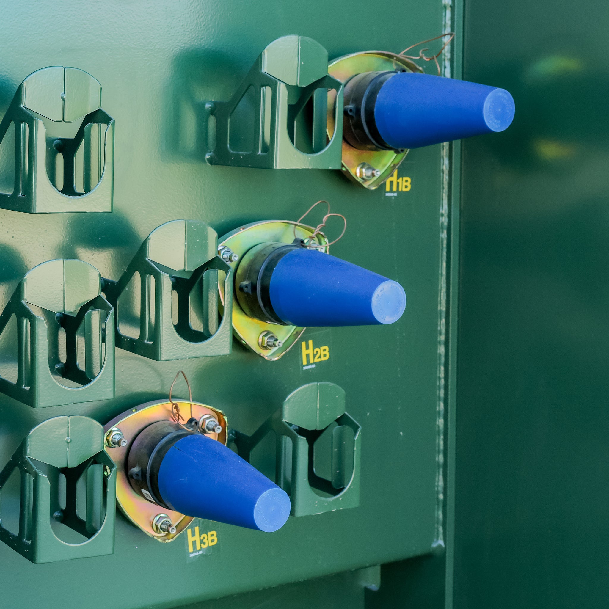 Primary bushings on a 2000 kVA Maddox padmount transformer