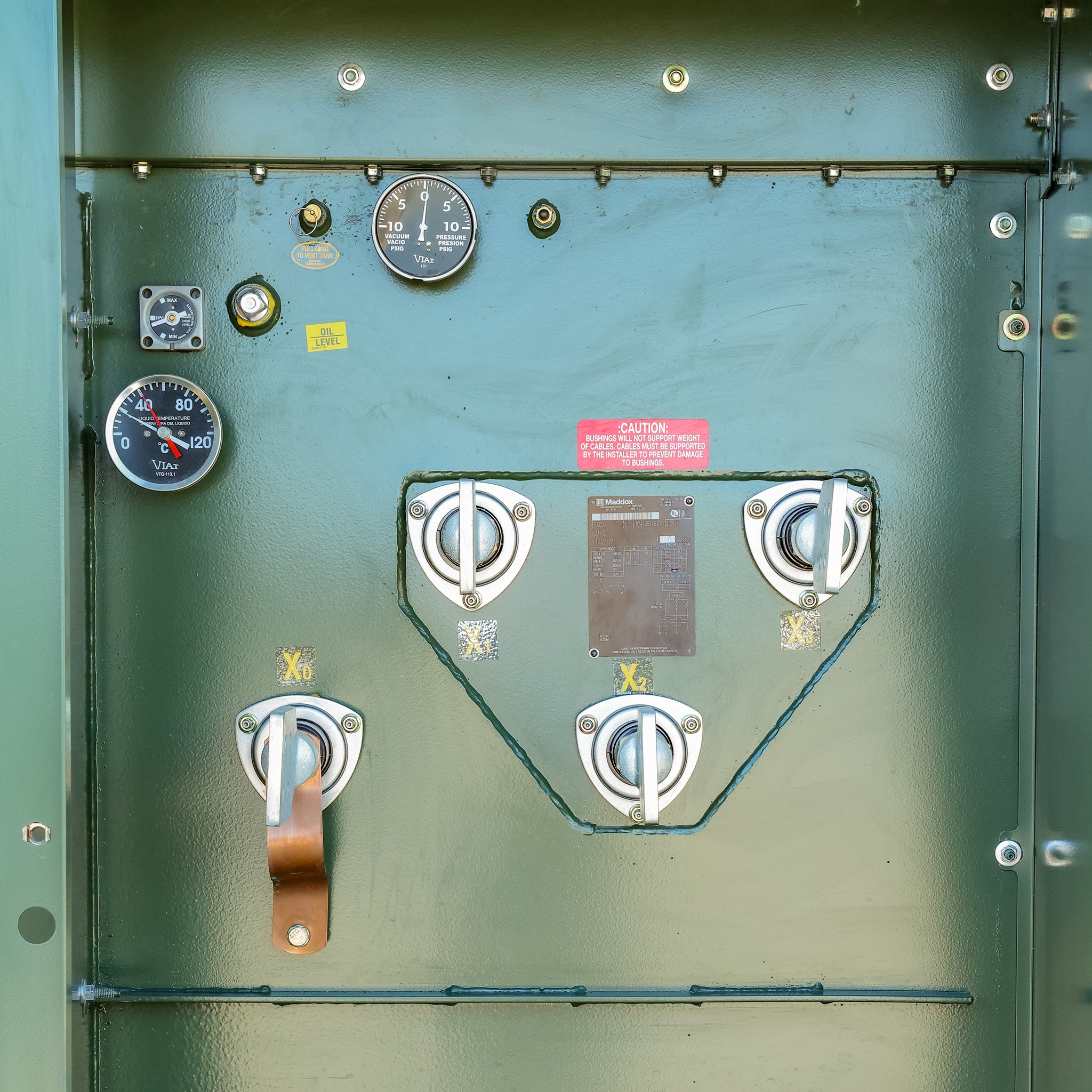 Secondary bushings on a 2000 kVA Maddox padmount transformer