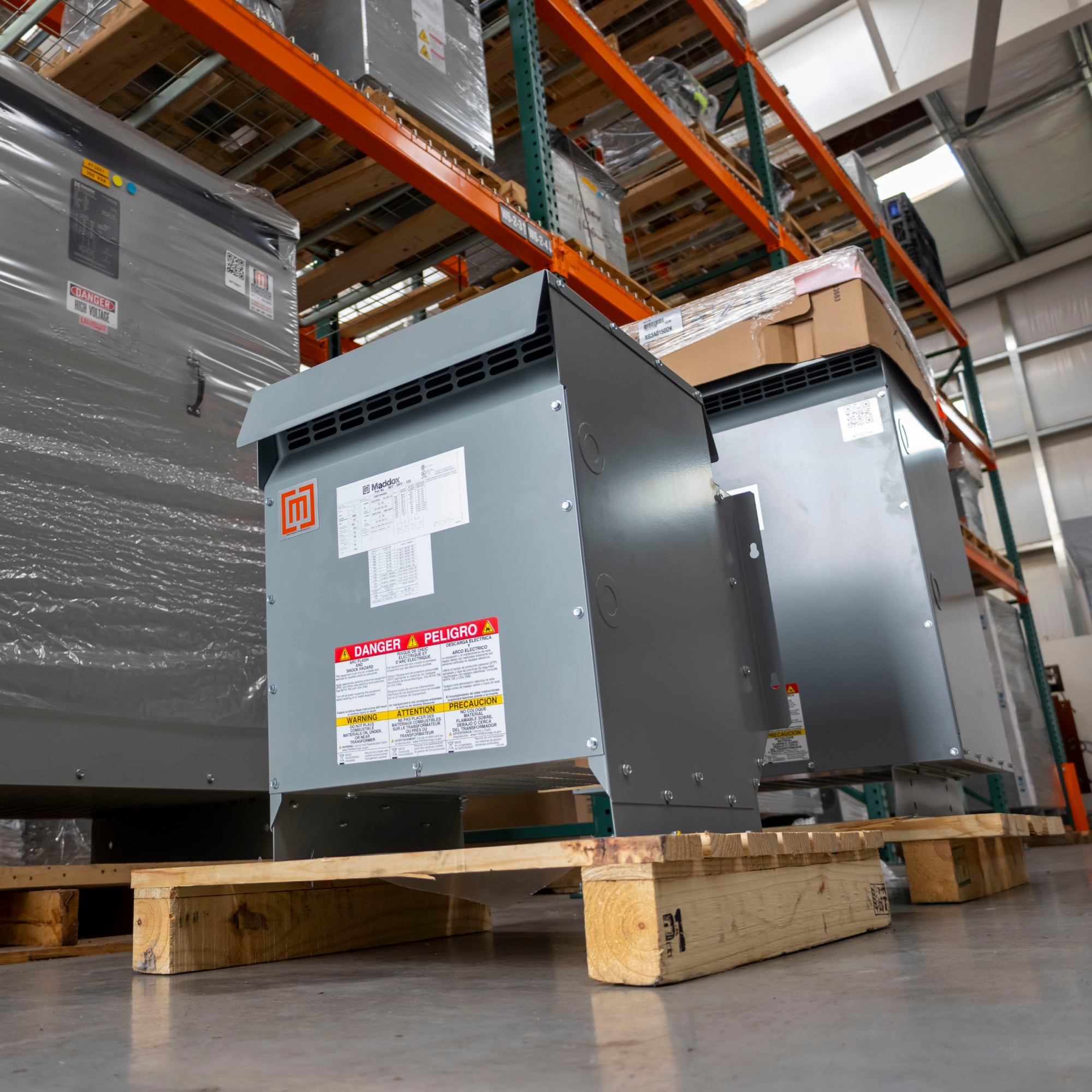 A 3-Phase 480 D - 480 Y 277 (Drive Isolation Transformer) on a pallet ready to ship out