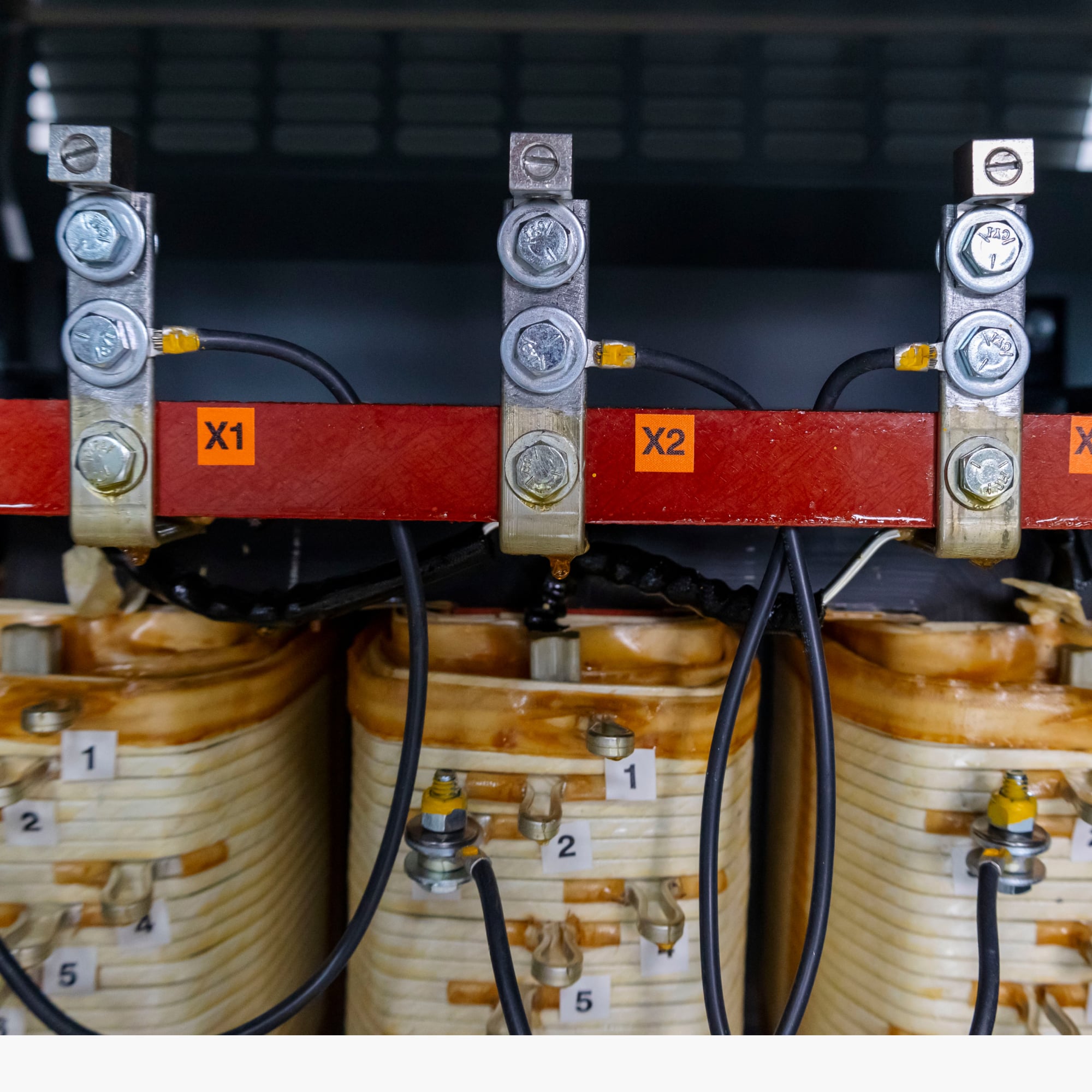 The low voltage leads of a 3-Phase 480 D - 480 Y 277 (Drive Isolation Transformer)